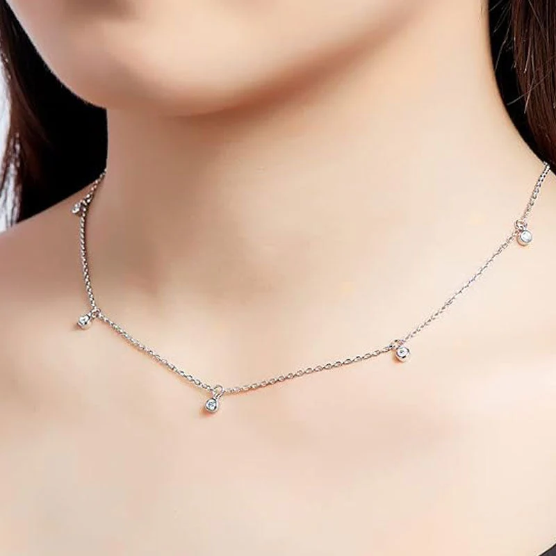 Rolo Chain Rhodium Plated Sterling Silver Dangle Moissanite Droplet Station NeckLace - Image 3