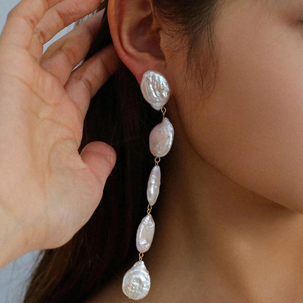 Romantic 18K Gold Plated Long Natural Baroque Pearl Drop Earrings - Image 2