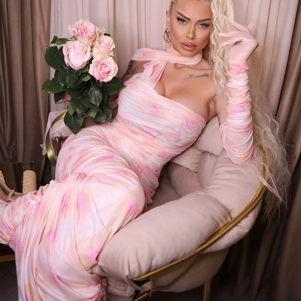 Romantic Draped Ribbon Floral Print Slit Gloved Ruched Mesh Maxi Evening Dress - Image 2