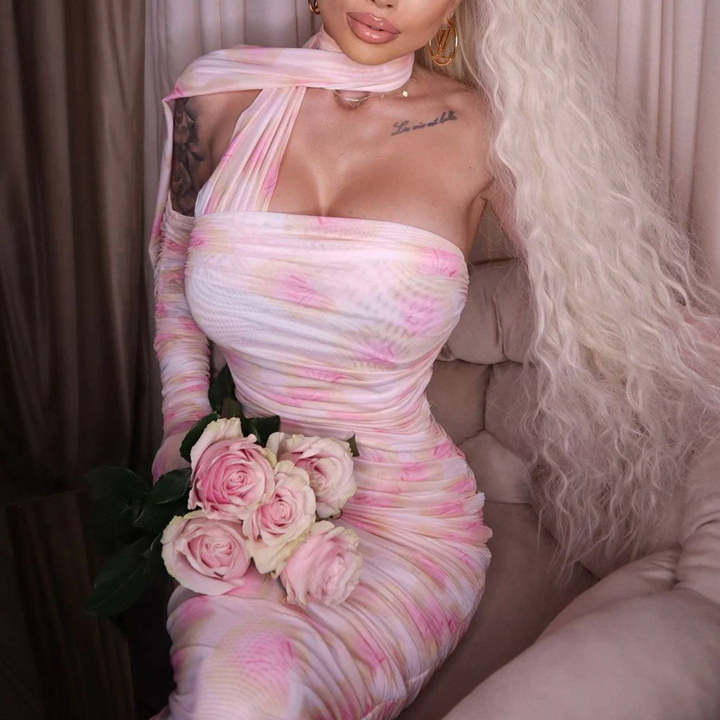 Romantic Draped Ribbon Floral Print Slit Gloved Ruched Mesh Maxi Evening Dress - Image 3