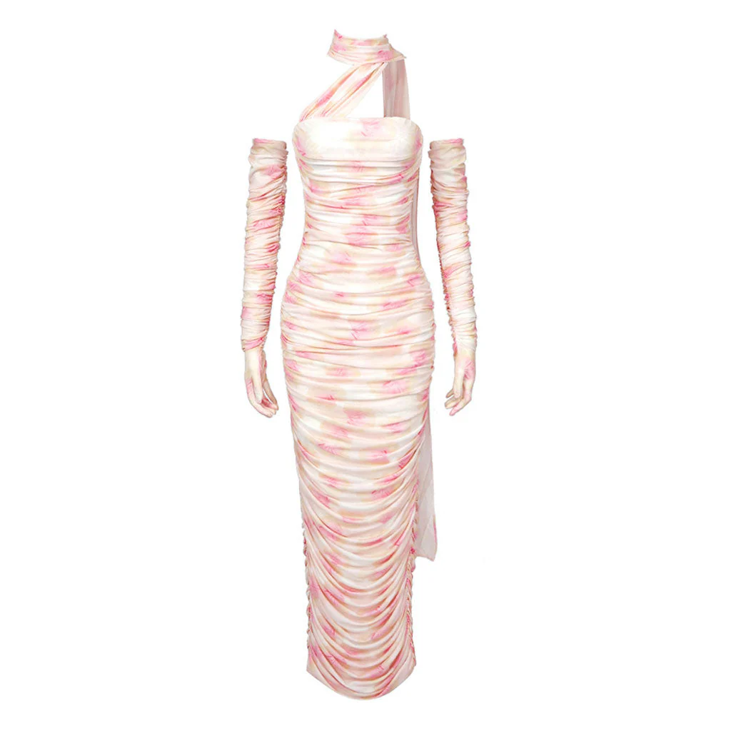 Romantic Draped Ribbon Floral Print Slit Gloved Ruched Mesh Maxi Evening Dress - Image 5