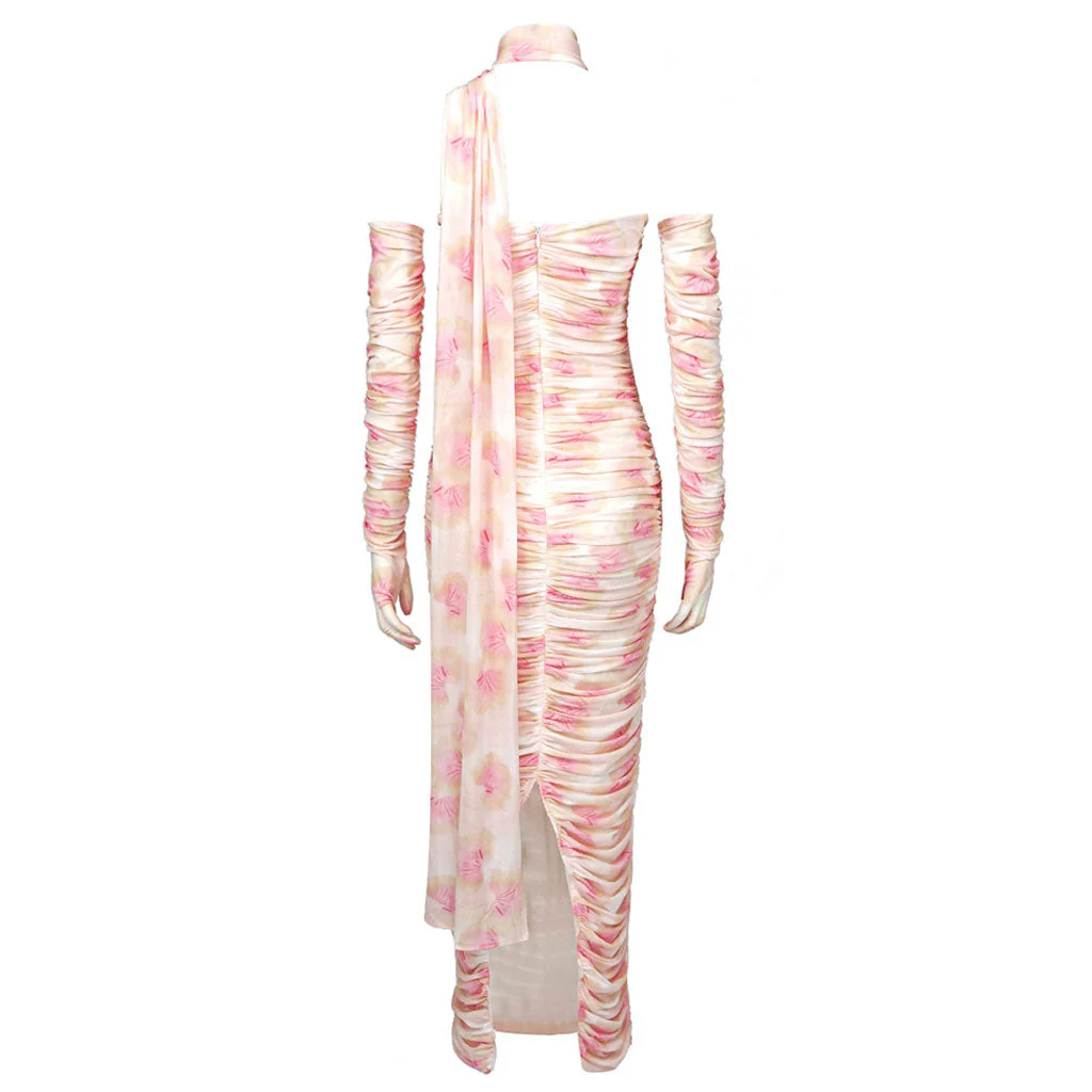 Romantic Draped Ribbon Floral Print Slit Gloved Ruched Mesh Maxi Evening Dress - Image 6