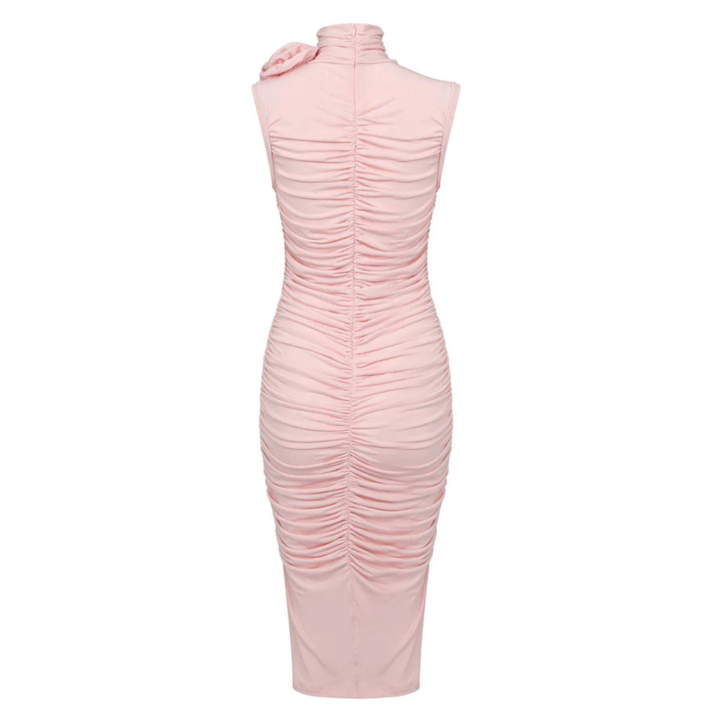 Romantic Floral Corsage Ruched High Neck Sleeveless Bodycon Midi Cocktail Dress - Image 4