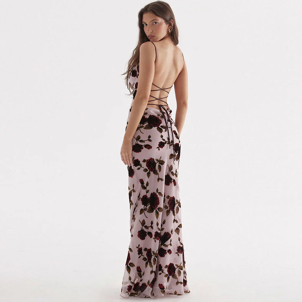 Romantic Floral Print Cowl Neck Cami Lace Up Open Back Maxi Dress - Image 2
