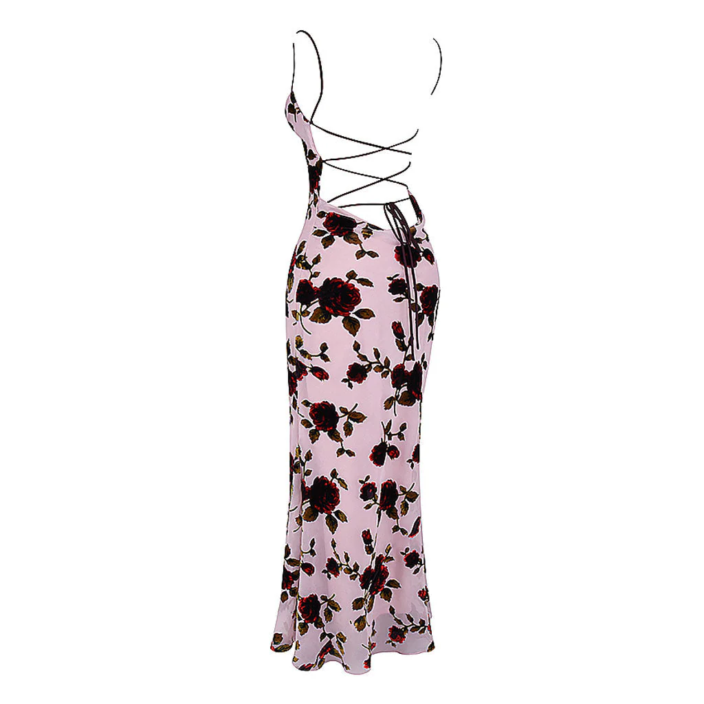 Romantic Floral Print Cowl Neck Cami Lace Up Open Back Maxi Dress - Image 4