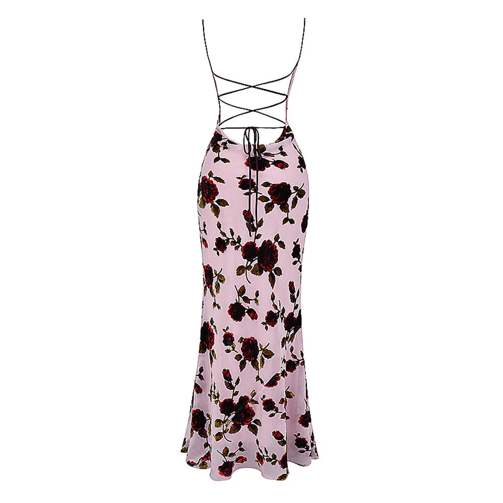 Romantic Floral Print Cowl Neck Cami Lace Up Open Back Maxi Dress - Image 5