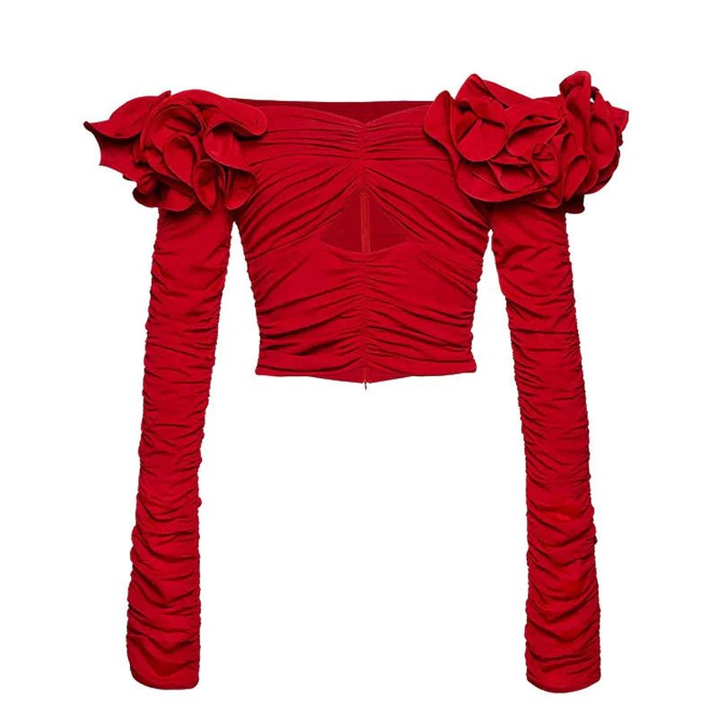 Romantic Floral Rosette Off The Shoulder Cut Out Ruched Crop Top - Red - Image 4