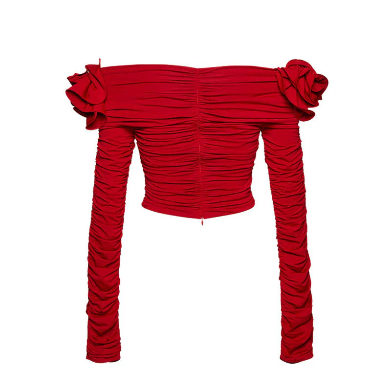 Romantic Floral Rosette Off The Shoulder Cut Out Ruched Crop Top - Red - Image 5