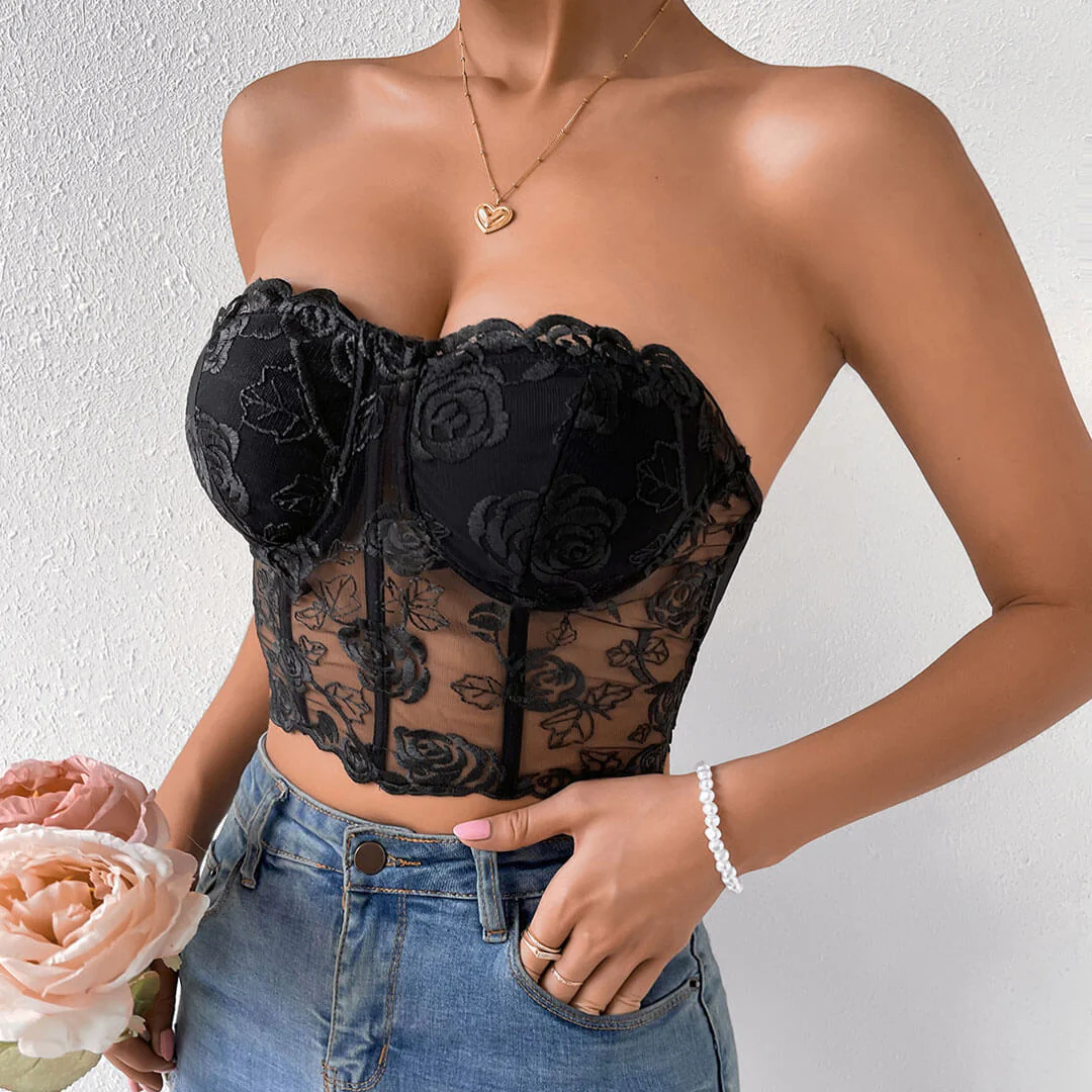 Romantic Rose Embroidered Sheer Tulle Crop Corset Tube Top - Black - Image 2