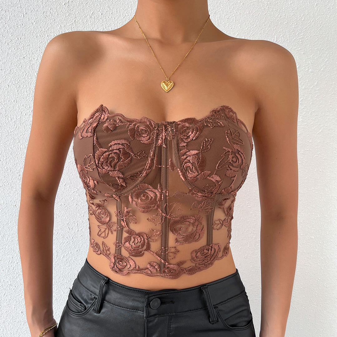 Romantic Rose Embroidered Sheer Tulle Crop Corset Tube Top - Brown - Image 2