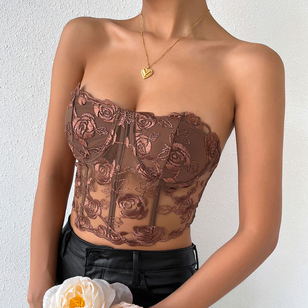 Romantic Rose Embroidered Sheer Tulle Crop Corset Tube Top - Brown - Image 3