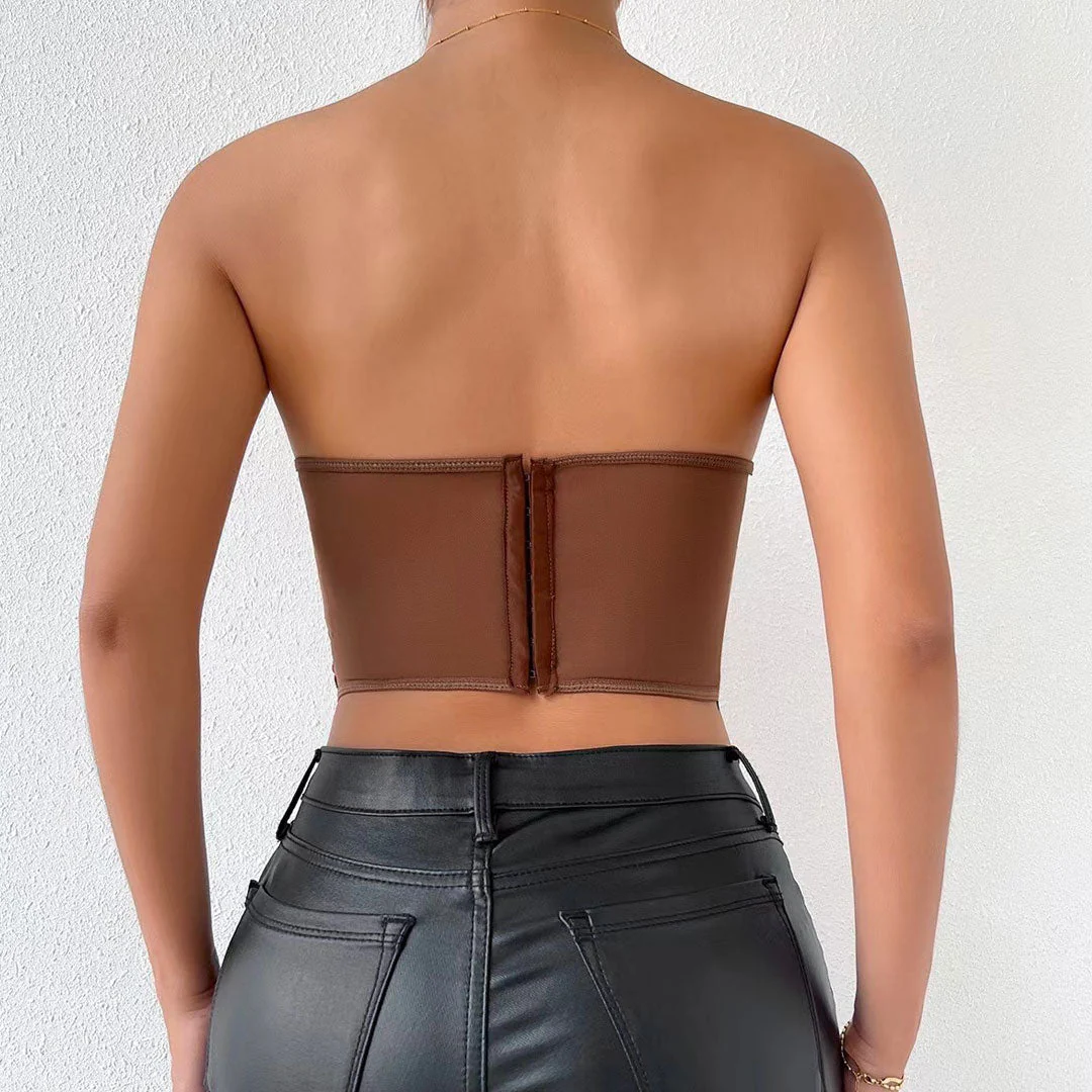 Romantic Rose Embroidered Sheer Tulle Crop Corset Tube Top - Brown - Image 4