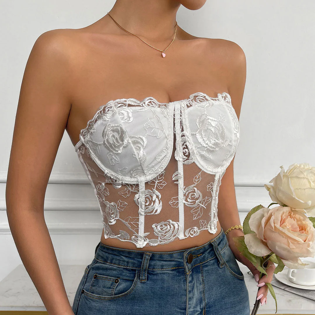 Romantic Rose Embroidered Sheer Tulle Crop Corset Tube Top - White - Image 2