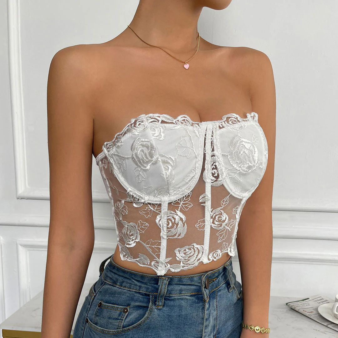 Romantic Rose Embroidered Sheer Tulle Crop Corset Tube Top - White - Image 3