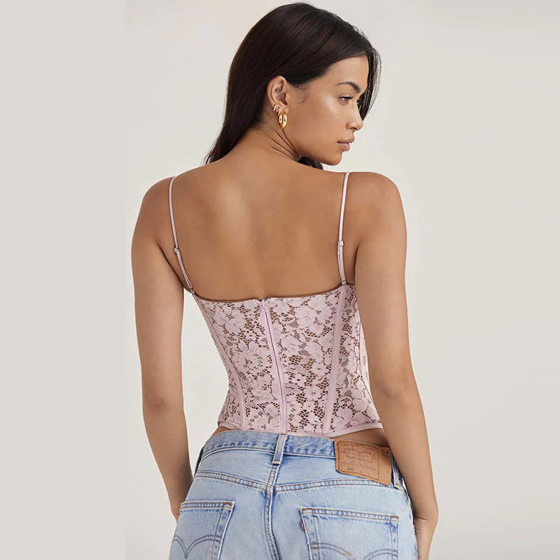 Romantic Sweetheart Spaghetti Strap Floral Lace Corset Crop Top - Pink - Image 5