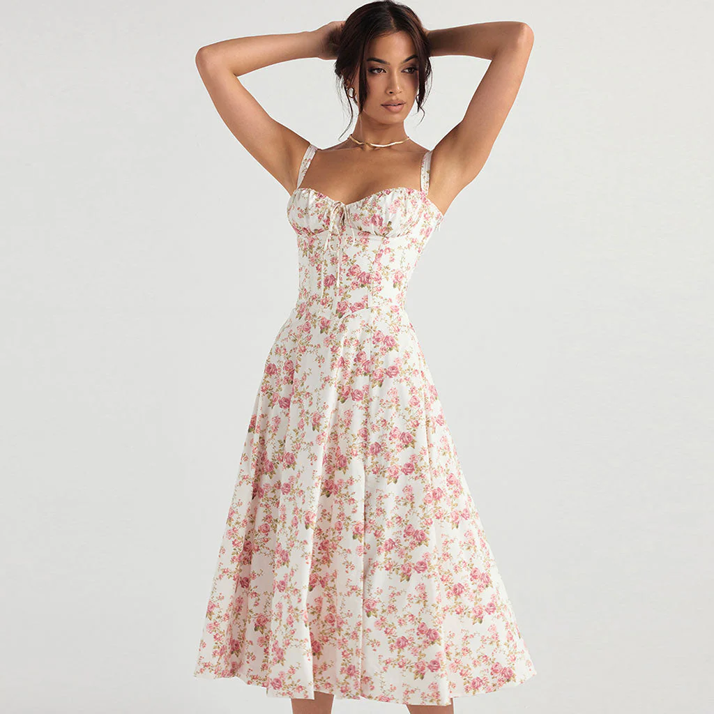 Romantic Tie Front Lace Up Suspender Strap Ruched Bustier Midi SunDress - Image 2