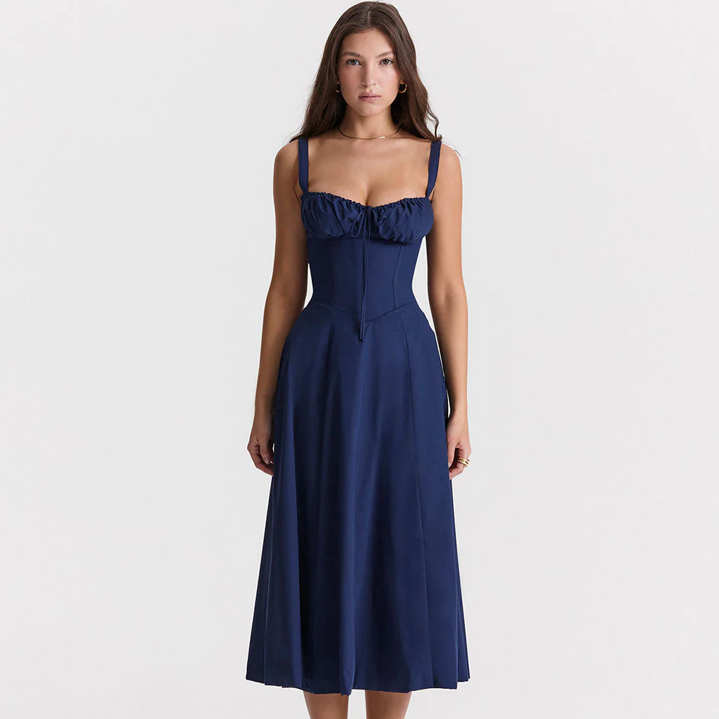 Romantic Tie Front Lace Up Suspender Strap Ruched Bustier Midi SunDress - Image 5