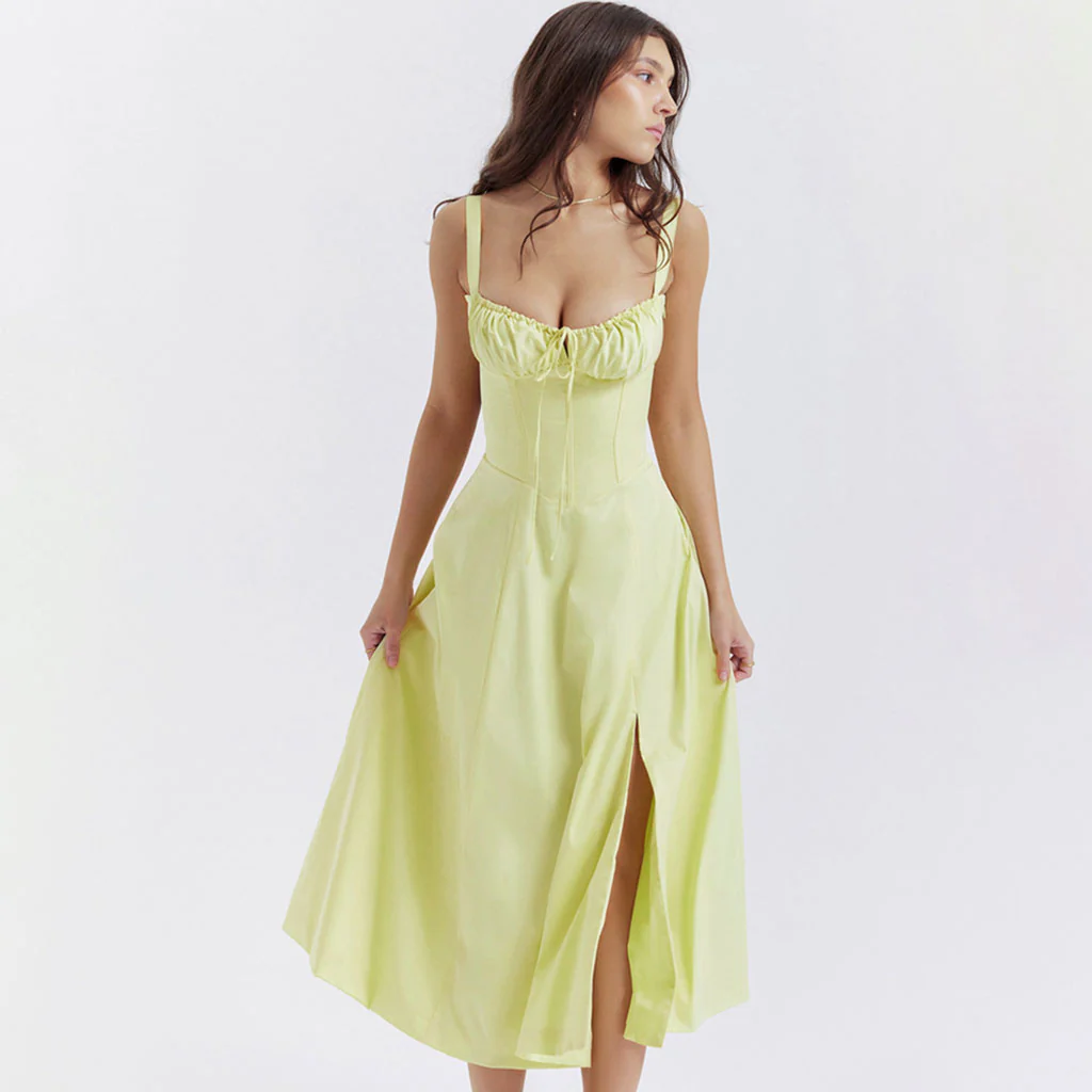 Romantic Tie Front Lace Up Suspender Strap Ruched Bustier Midi SunDress - Image 6