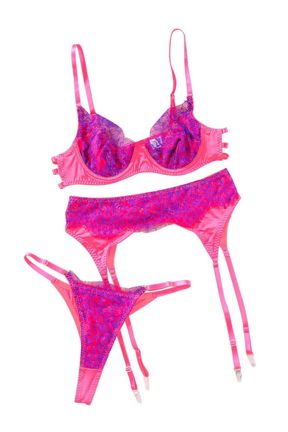 Rose 3Pcs Color Block Lace Contrast Lingerie Set With Garter Belt - Image 13