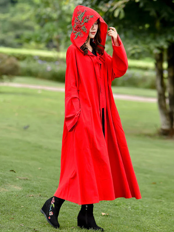 Rose Embroidered with Hat Cape Coat - Image 4