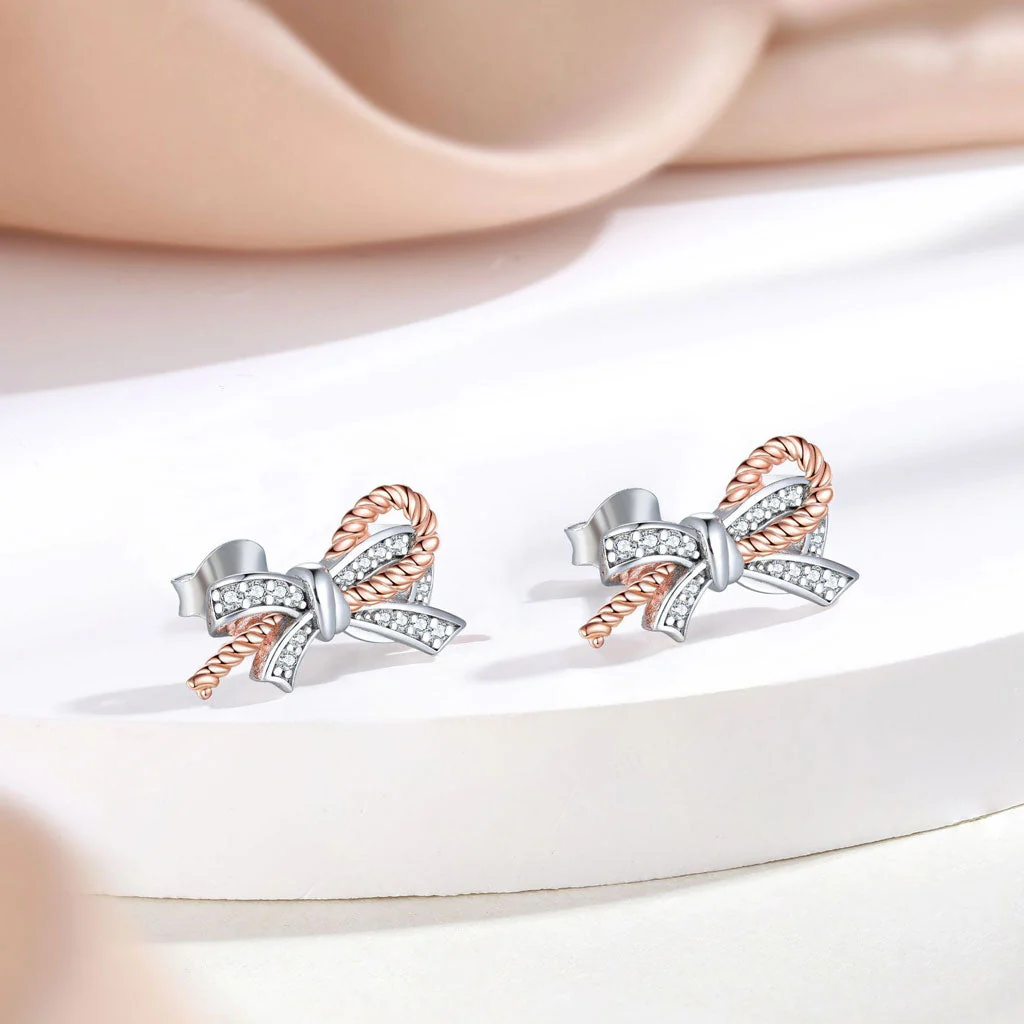 Rose Gold Plated Pavé Cubic Zirconia Twist Rope Bow Sterling Silver Jewelry Set - Image 2