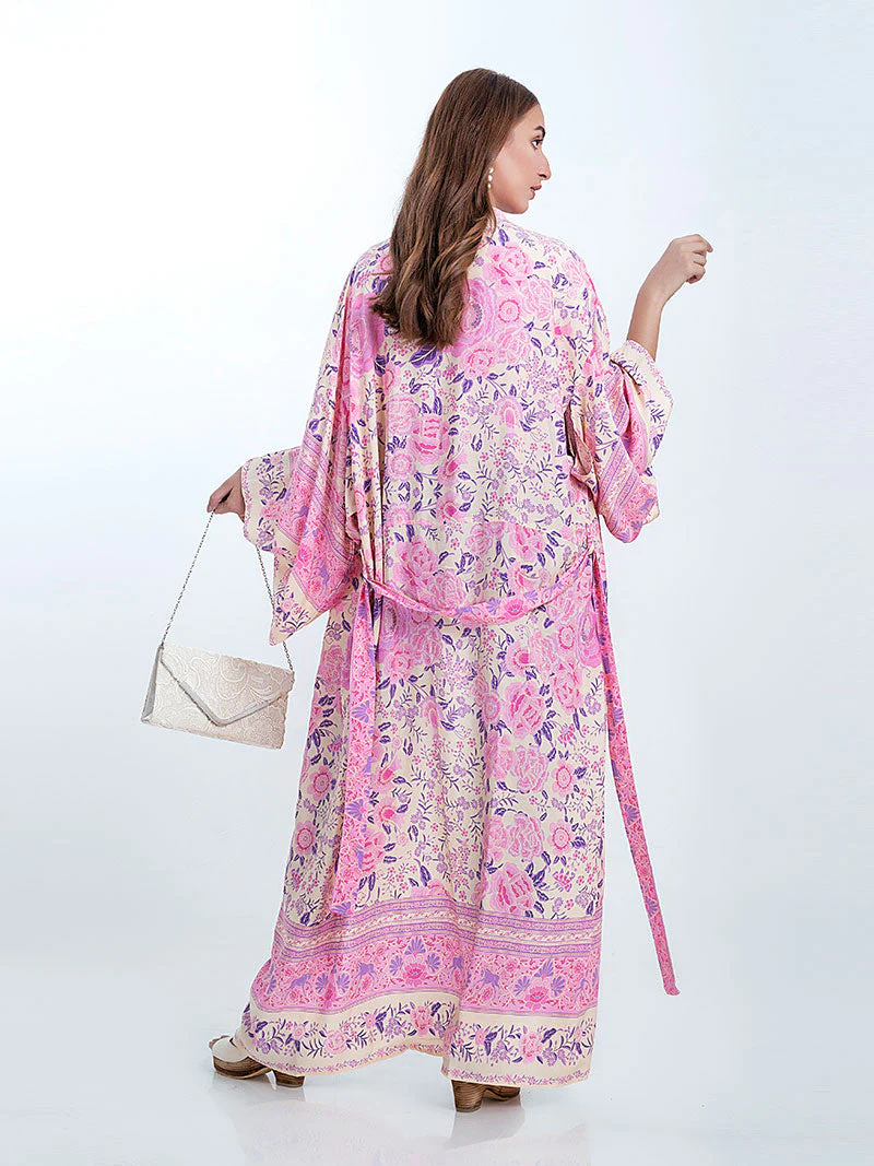 Partywear & Beachwear Floral Print Pink Color Cotton Long Length Gown Kimono Duster Robe - Image 2
