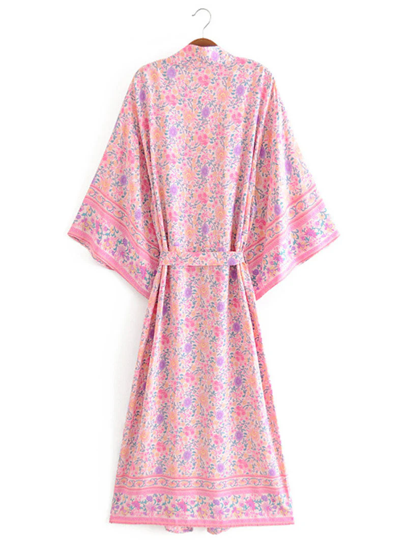 Partywear & Beachwear Floral Print Pink Color Cotton Long Length Gown Kimono Duster Robe - Image 7