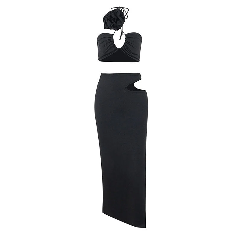 Rosette Floral Appliqué Halter Crop Top Cutout Split Midi Skirt Matching Set - White - Image 3