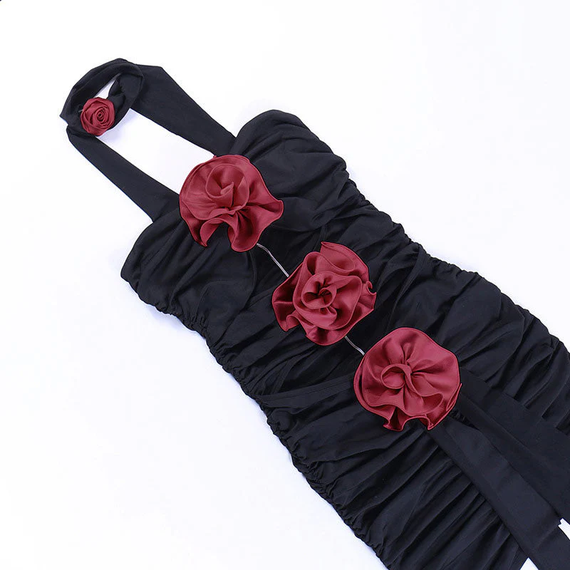 Rosette Floral Appliqué Ruched Choker Neck Cut Out Strapless Party Mini Dress - Black - Image 3
