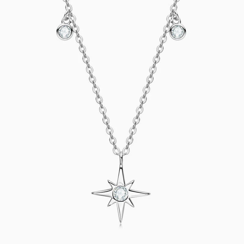 Round Rolo Chain Sterling Silver Moissanite Starburst Pendant NeckLace - Image 2