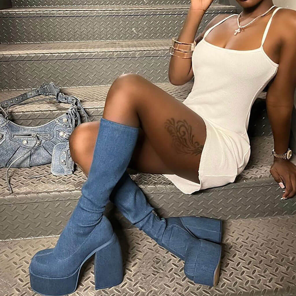 Round Toe Knee High Platform Geometric Heeled Boots - Denim Blue - Image 3