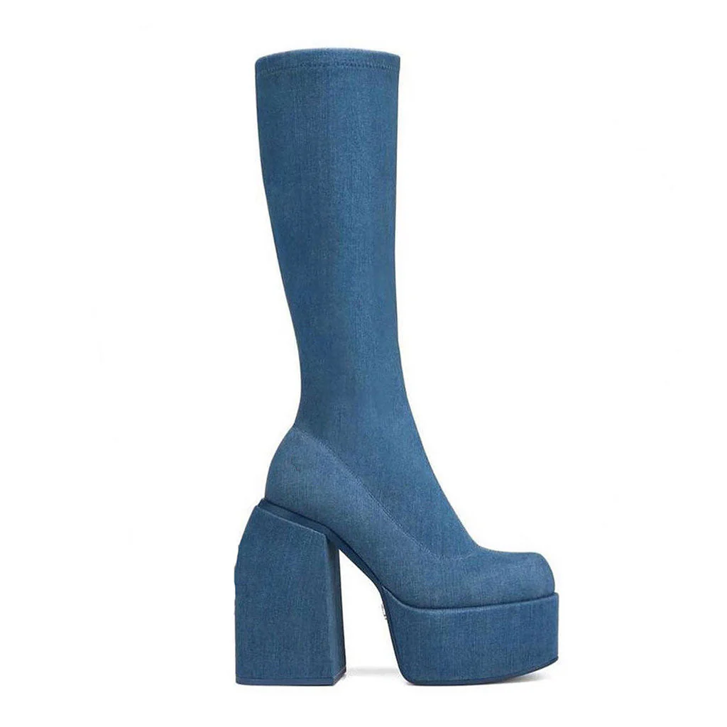 Round Toe Knee High Platform Geometric Heeled Boots - Denim Blue - Image 4