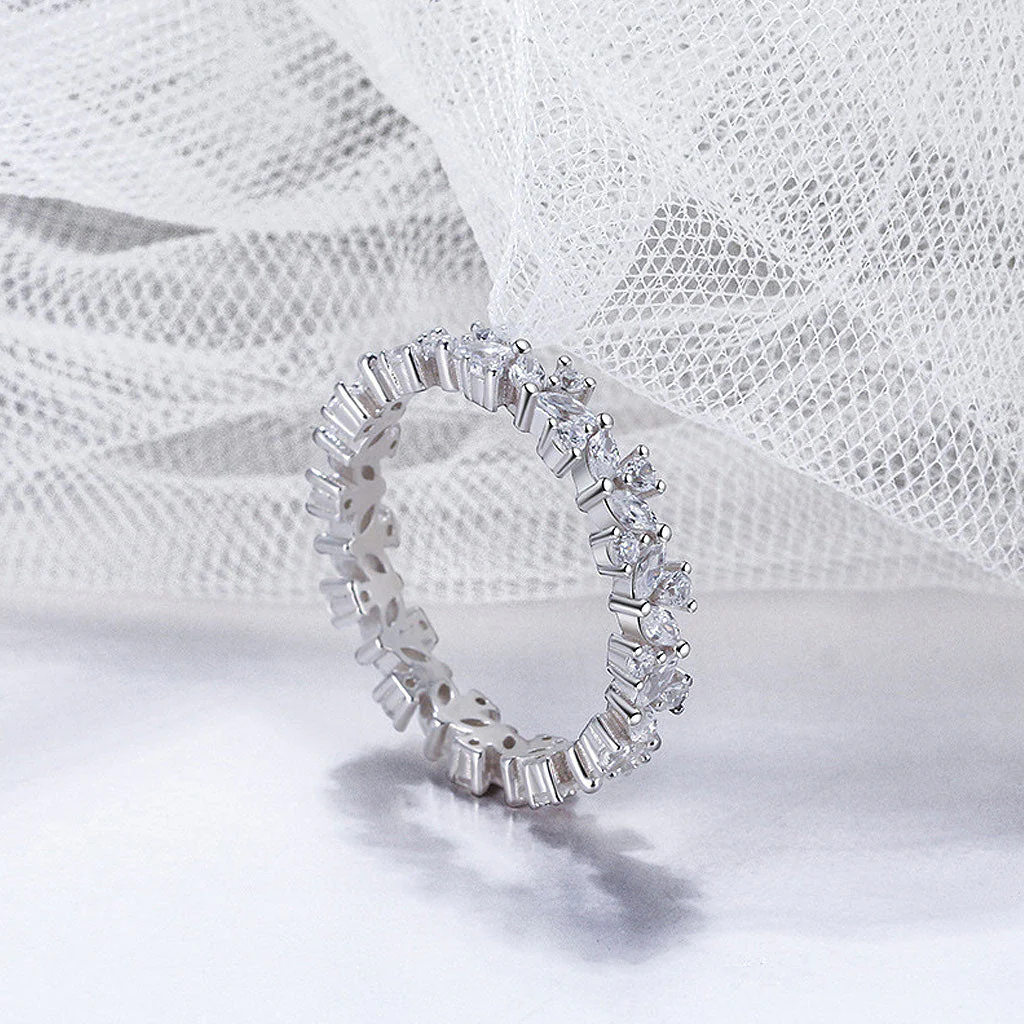 Row of Petal Cubic Zirconia Rhodium Plated Sterling Silver Eternity Band Ring - Image 2