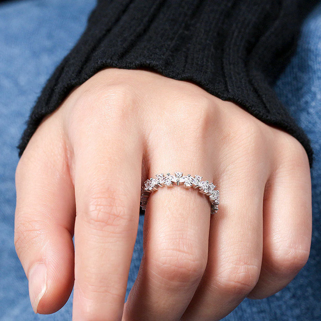 Row of Petal Cubic Zirconia Rhodium Plated Sterling Silver Eternity Band Ring - Image 3