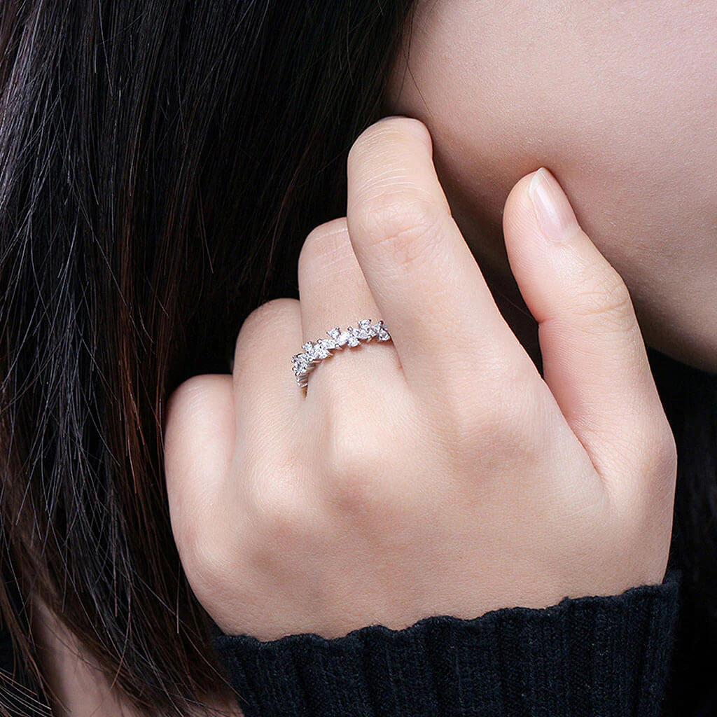 Row of Petal Cubic Zirconia Rhodium Plated Sterling Silver Eternity Band Ring - Image 4