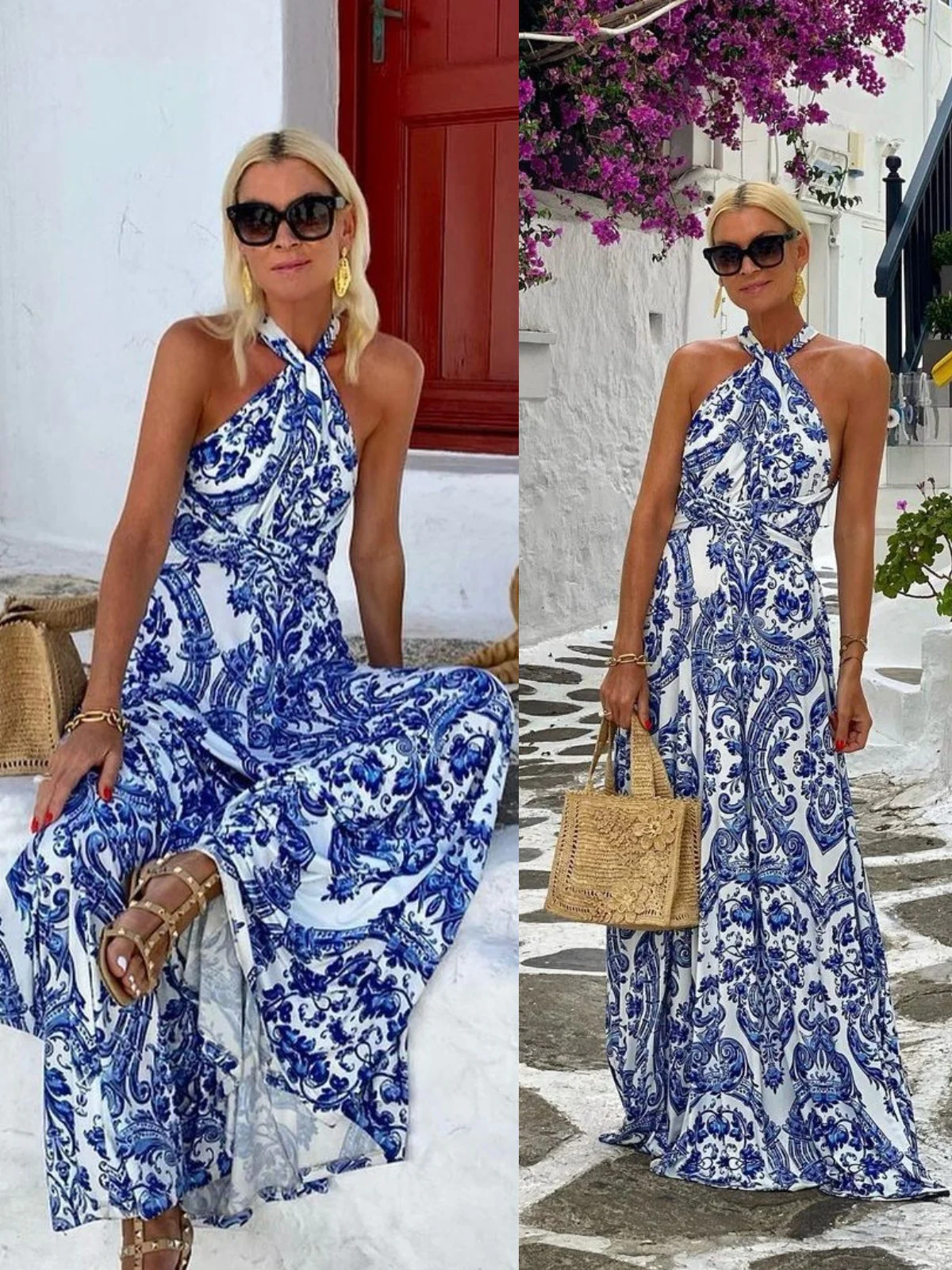 Royal Blue Printed Sleeveless Backless Dress - Image 6