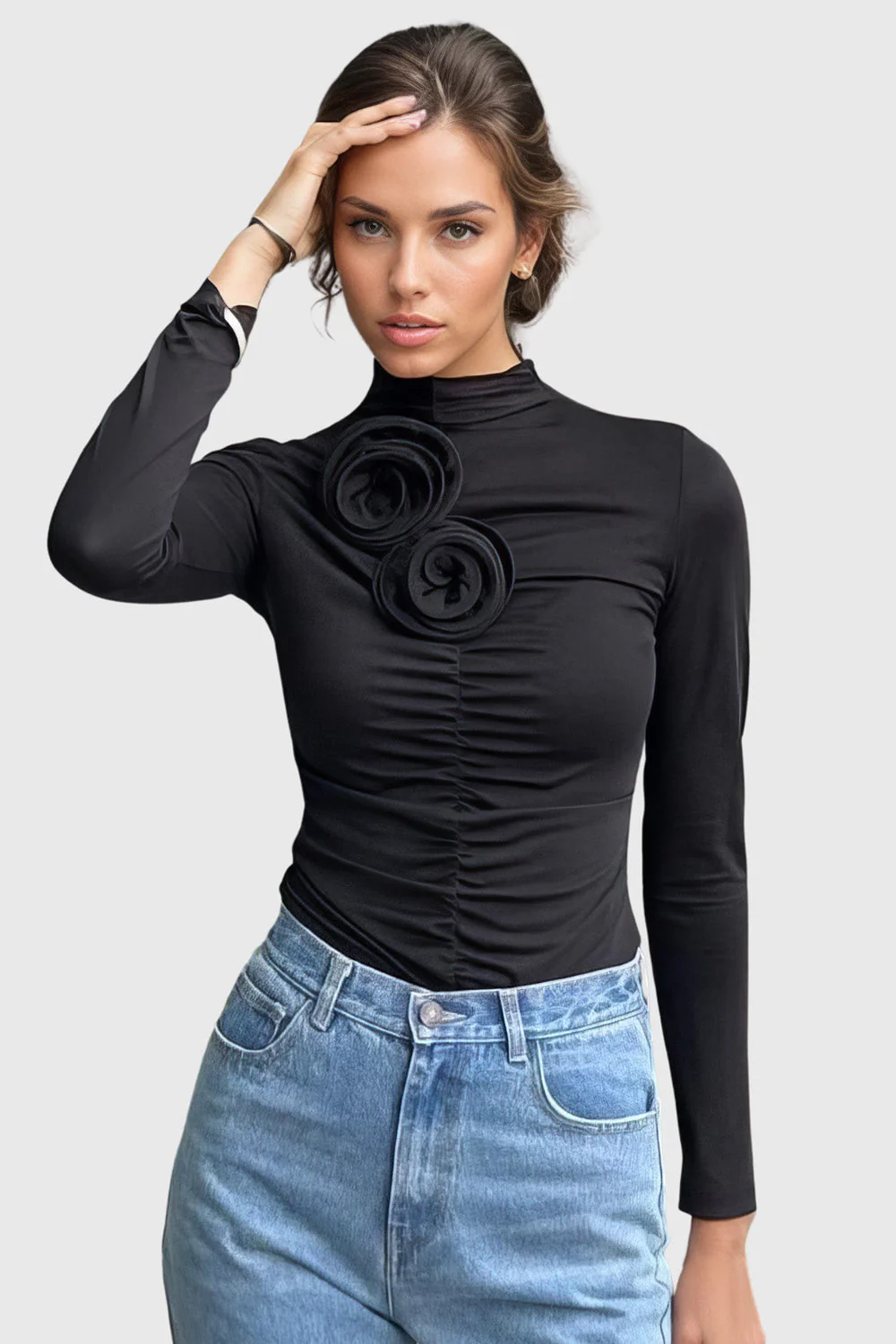 Ruched Long Sleeve Top - Black - Image 2