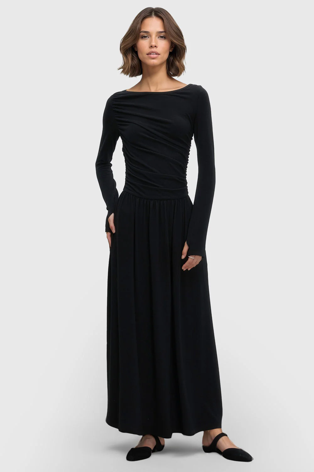 Ruched Midi Dress with Boat Neckline - Black - Image 3