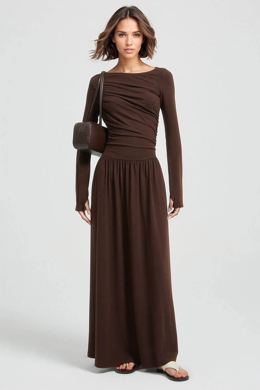 Ruched Midi Dress with Boat Neckline - Brown - Image 2