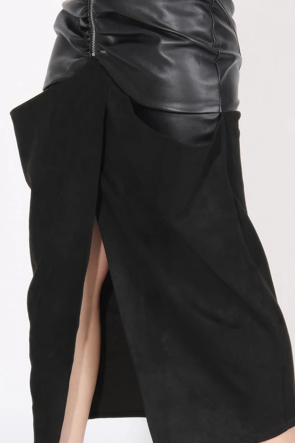 Ruched Midi Skirt with Leather Detail - Black - Image 3