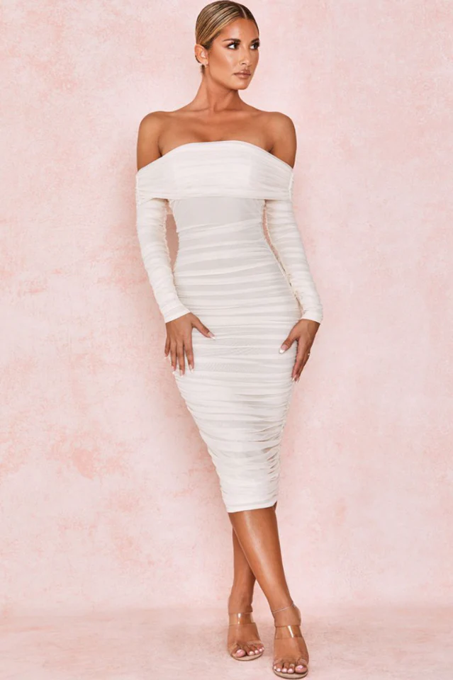 Ruched Off Shoulder Midi Dress - Image 4