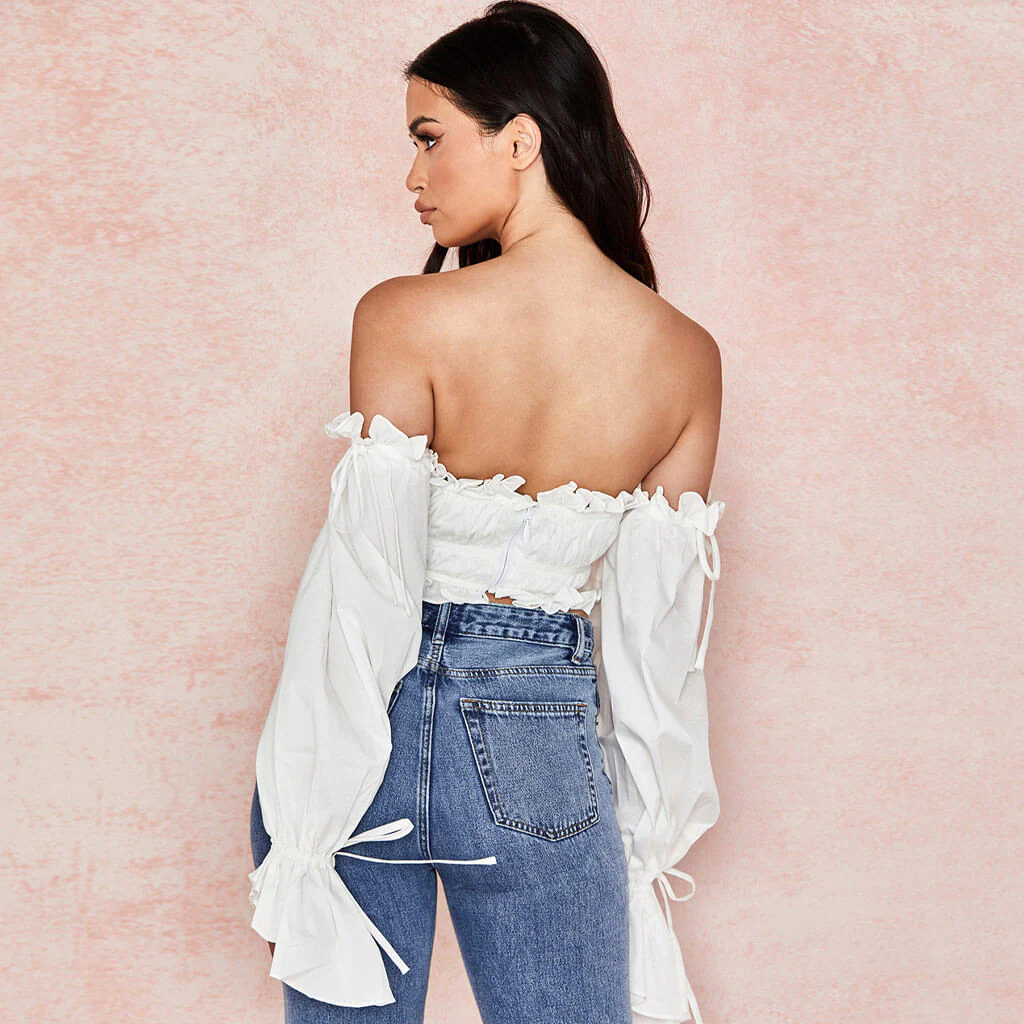 Adorable Ruffle Long Sleeve Ruched Off Shoulder Crop Top - White - Image 2