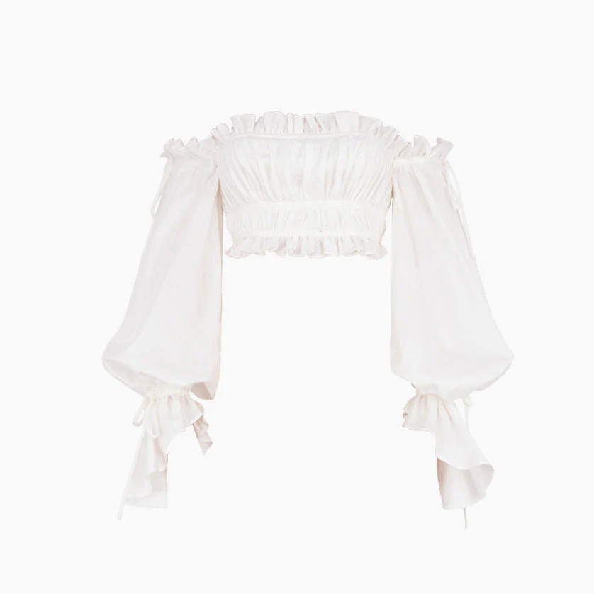 Adorable Ruffle Long Sleeve Ruched Off Shoulder Crop Top - White - Image 3