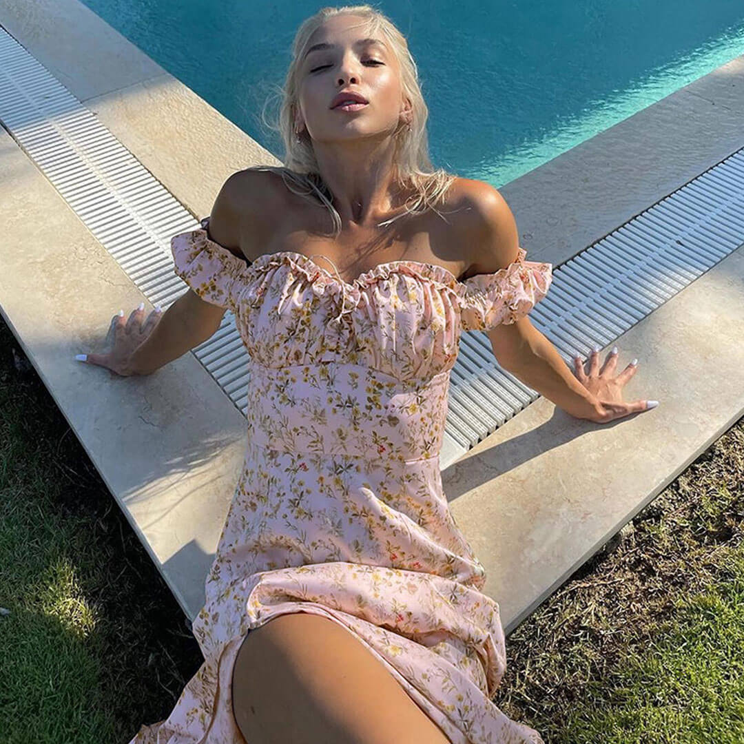 Ruffle Off The Shoulder High Slit Floral Midi Sundress - Pink - Image 2