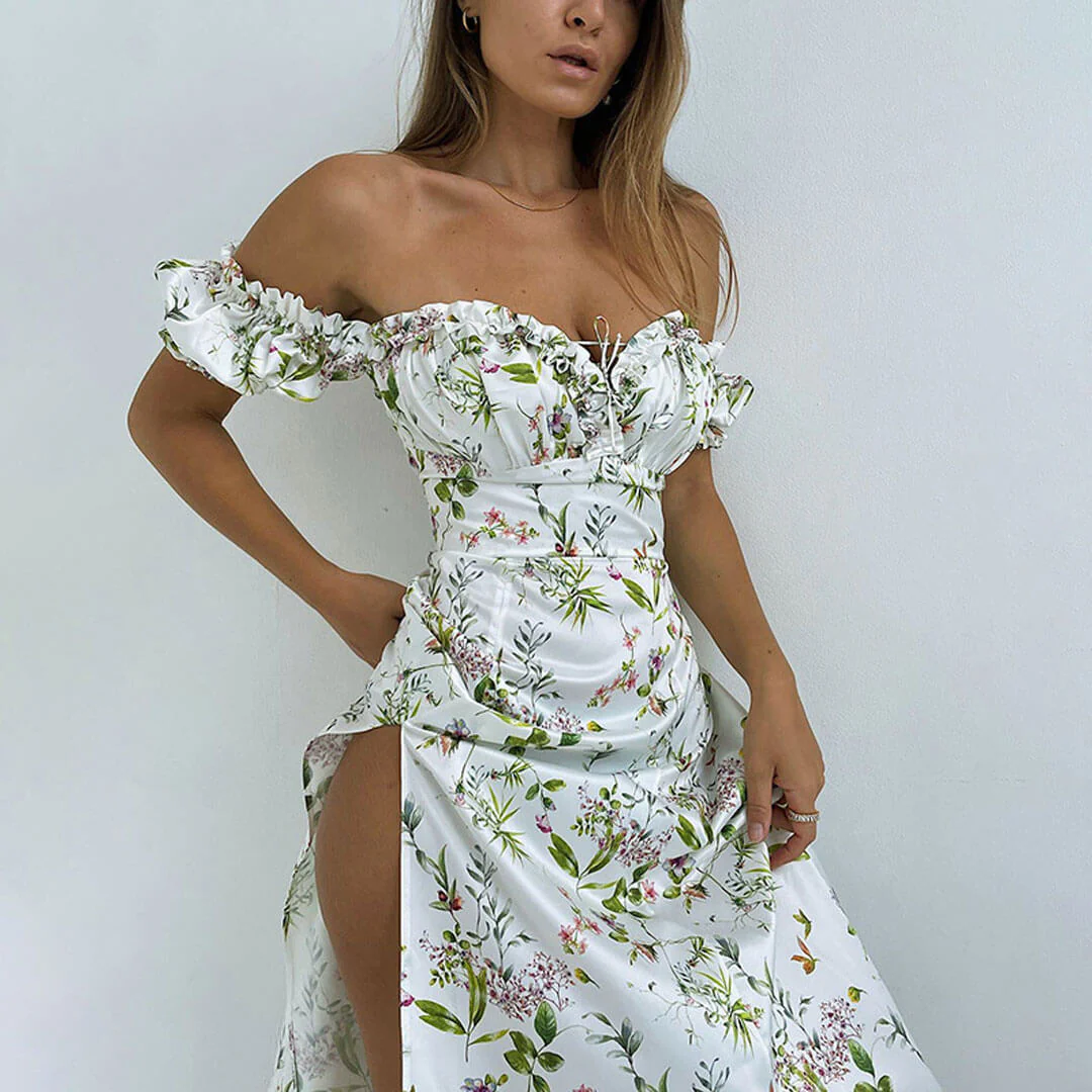 Ruffle Off The Shoulder High Slit Floral Midi Sundress - White - Image 3