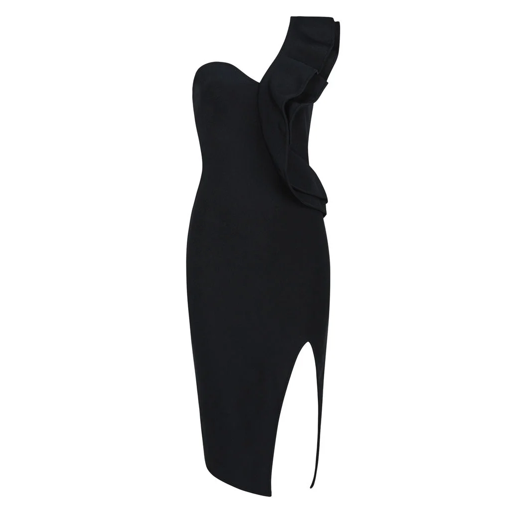 Ruffle One Shoulder High Slit Deep V Midi Party Dress - Black - Image 4