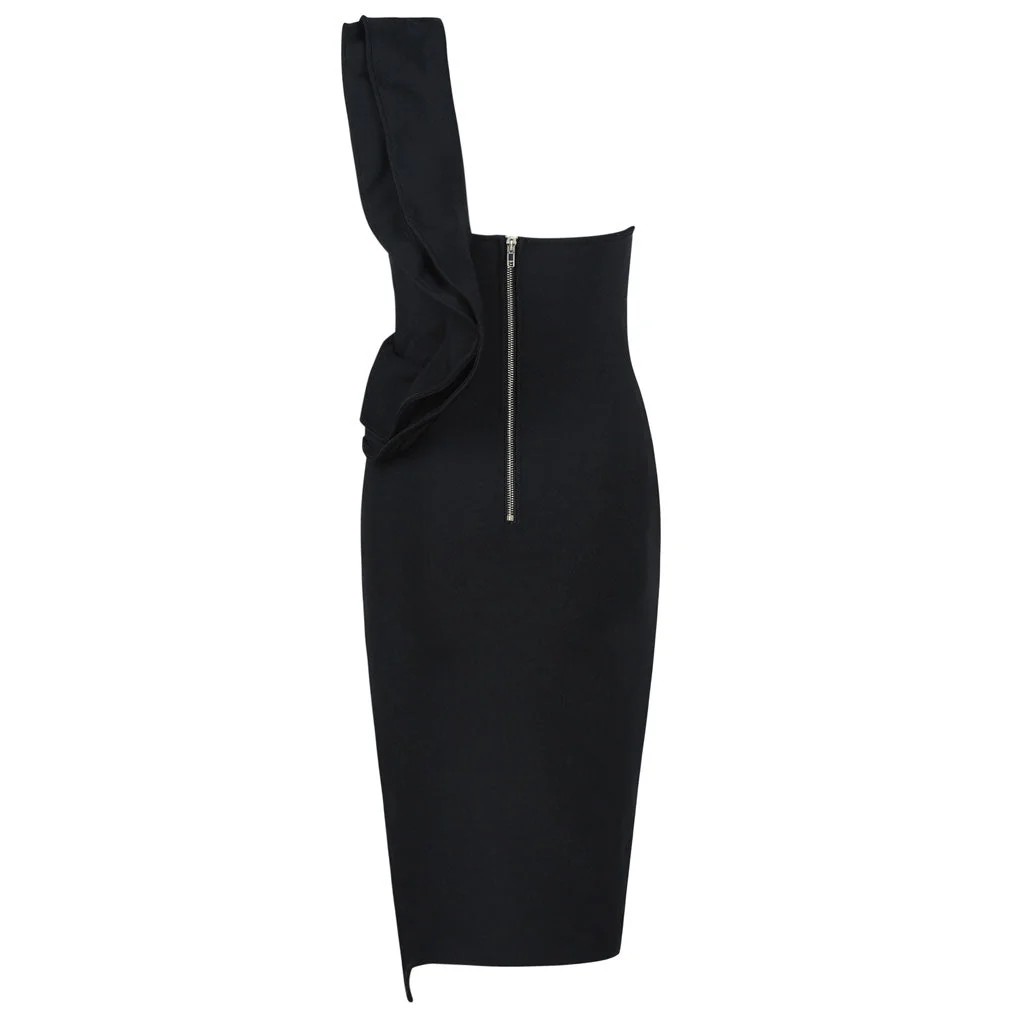 Ruffle One Shoulder High Slit Deep V Midi Party Dress - Black - Image 5