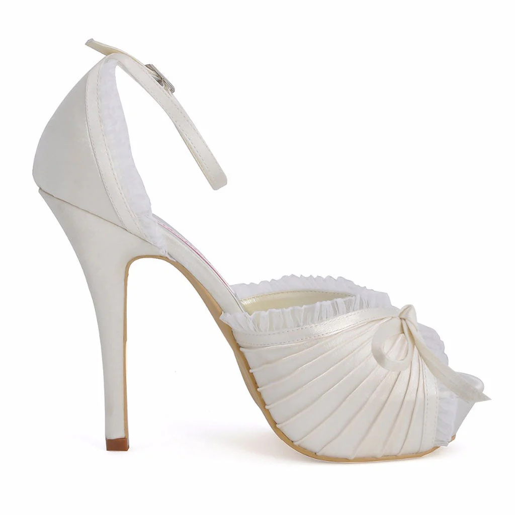 Ruffle Trim Bow Detail Pleated Satin Peep Toe Stiletto Sandals - White - Image 4