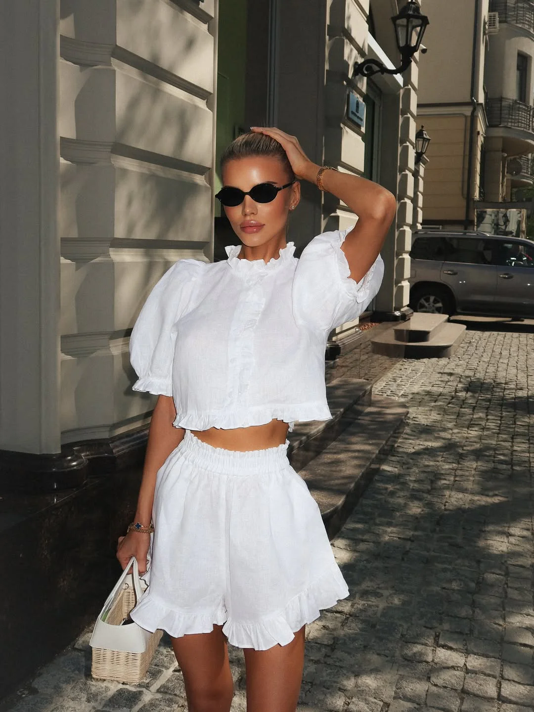 Ruffled cotton linen shorts set - Image 5