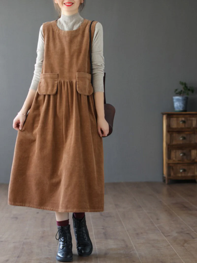 Female Sleeveless Thin Line Loose Striped Velvet Mid-Length Corduroy A-Line Dress - Image 2
